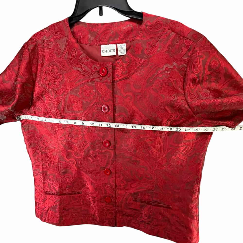 Chicos Textured Jacket Womens XL 3 Red Floral Paisley Button Up Romantic Holiday - Picture 5 of 14